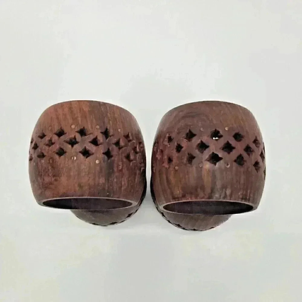 Vintage Teak Napkin Rings Set of 4 Diamond Lace Design